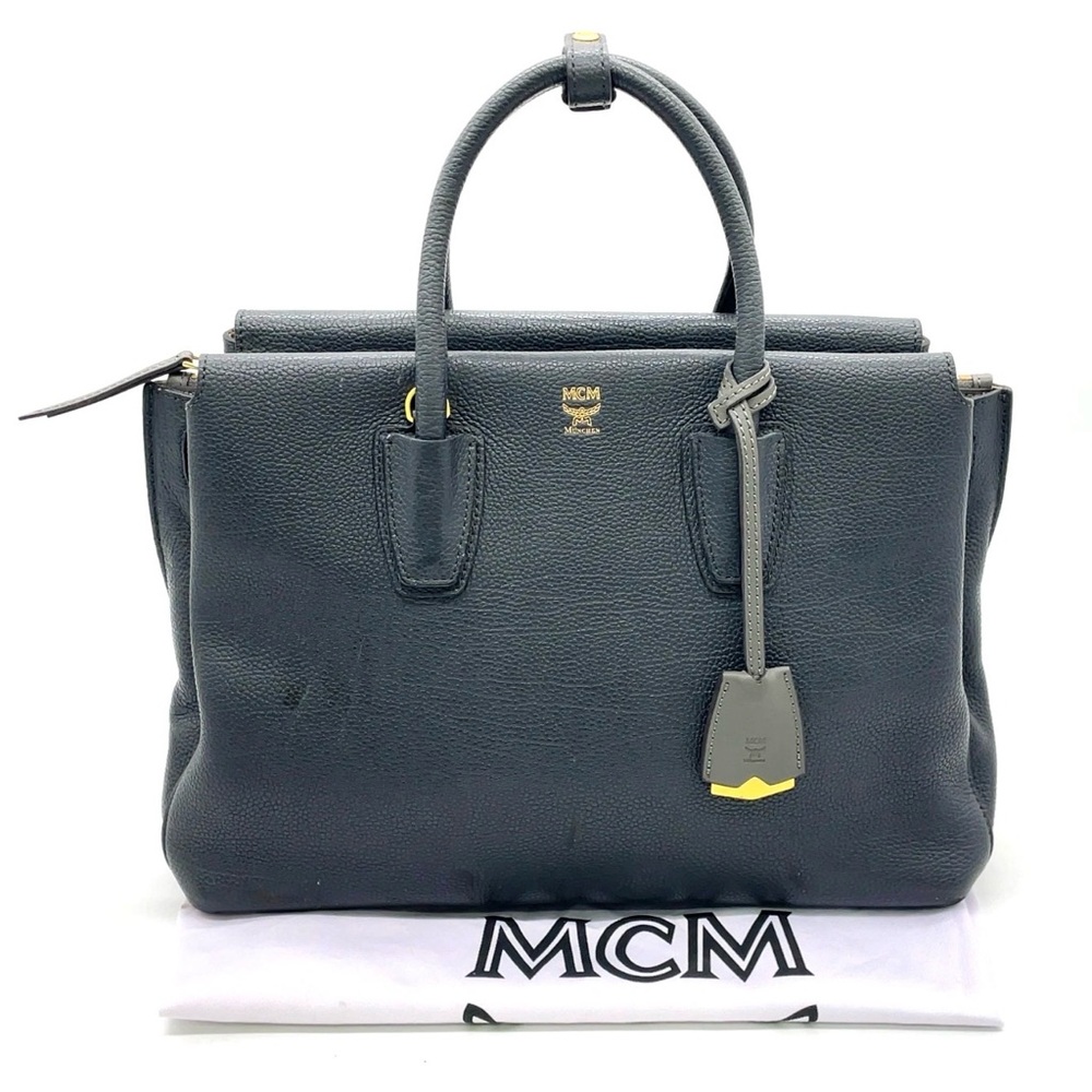 Auth MCM Pebbled Leather Navy Milla 2way Tote Bag  W/Dustbag